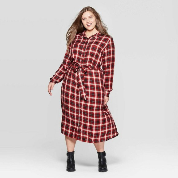 Universal Thread Dresses & Skirts - Women’s Plus Size Plaid Long Sleeve Collared Midi